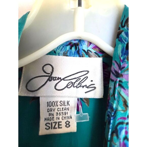 Joan Collins Women Teal Green Floral Print 100% Silk Button Down Blouse size 8/M - Picture 5 of 6